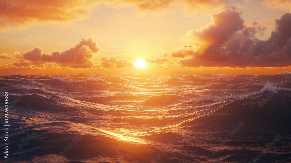 Poster sunset over ocean waves with clouds in the sky creating warm reflections and vibrant colors copy spa