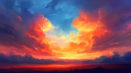 Fototapeta premium Vibrant sunset sky with dramatic clouds in shades of orange blue and purple Copy Space