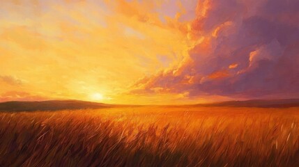 Vibrant sunset over golden wheat field with dramatic clouds and warm colors Copy Space