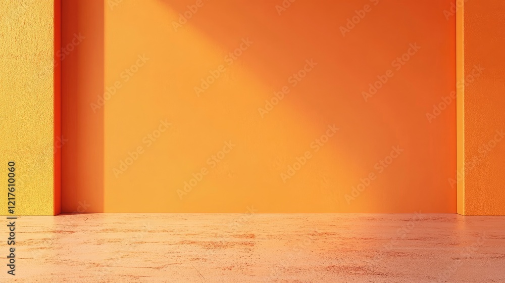 Poster bright orange interior wall with smooth floor and natural light creating shadows, suitable for backg
