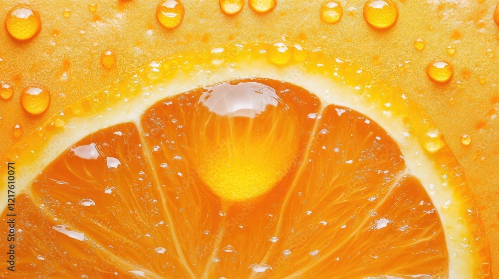 Poster close-up view of a fresh orange slice with water droplets and copy space for text.