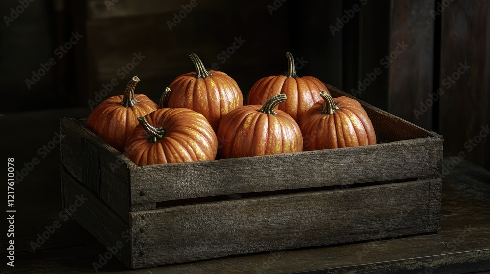 Poster freshly harvested pumpkins in a wooden crate on a rustic background with copy space for text placeme