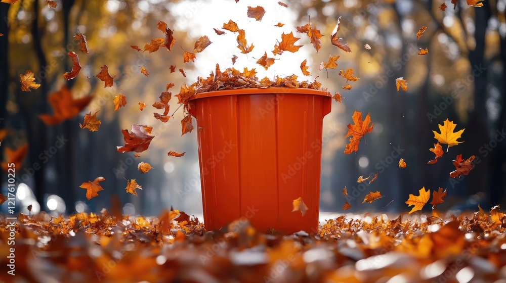 Poster autumn scene featuring an orange trash bin surrounded by falling leaves in a park setting with natur