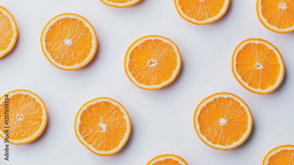 Poster sliced oranges arranged on a white background with copy space for text placement