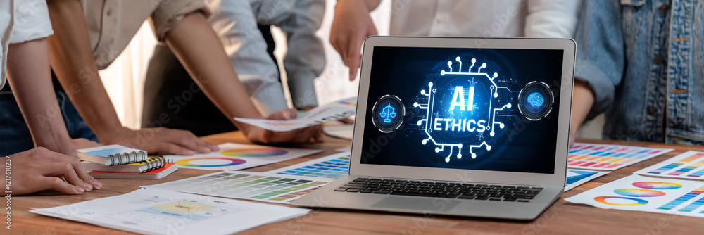 Poster ai ethics responsibility standard law and rules on computer screen provide report of ai ethic transp