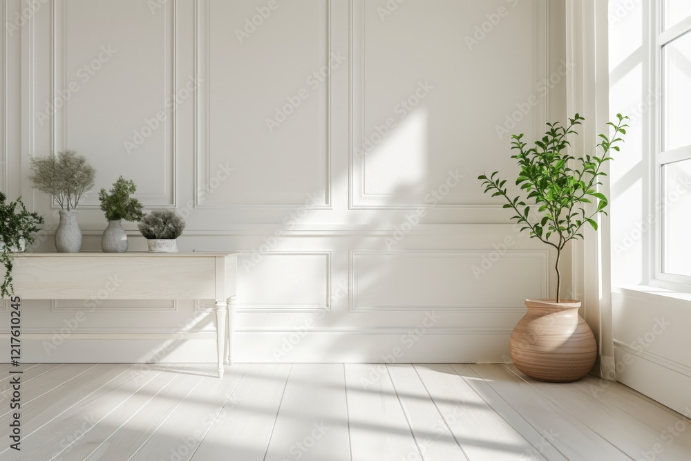Leinwandbilder a white room with a large window and a vase with a plant in it. the room is empty and has a minimali