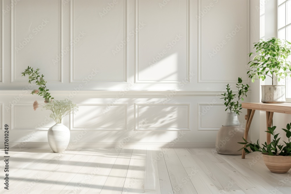 Poster a white room with a large window and a white wall. there are two vases with flowers in them, one on 