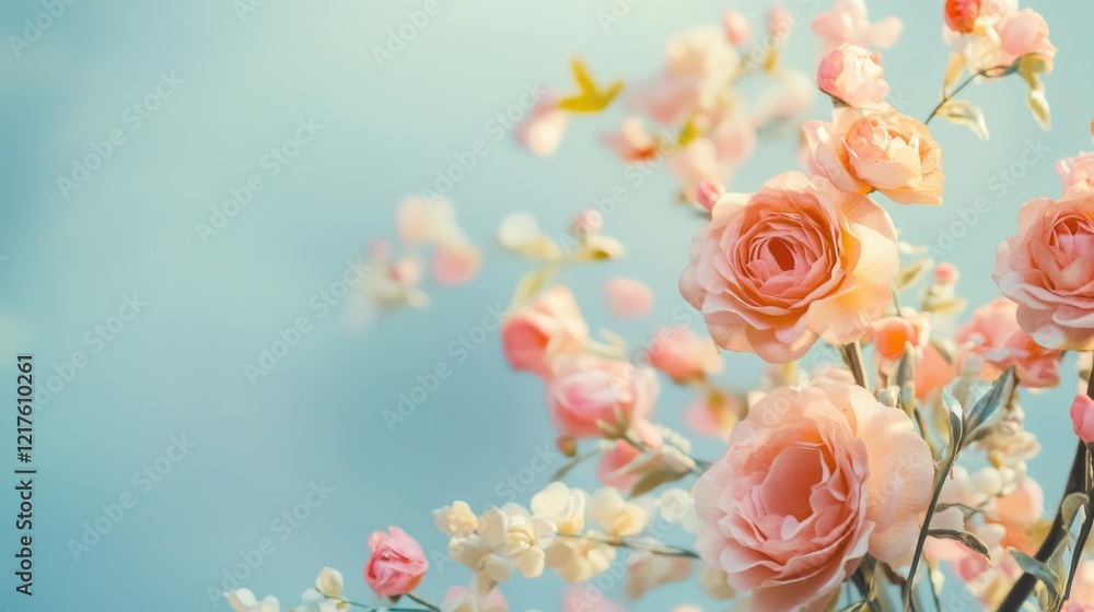 Poster pink roses and blossoms against a soft blue background with gentle bokeh effect and ample copy space