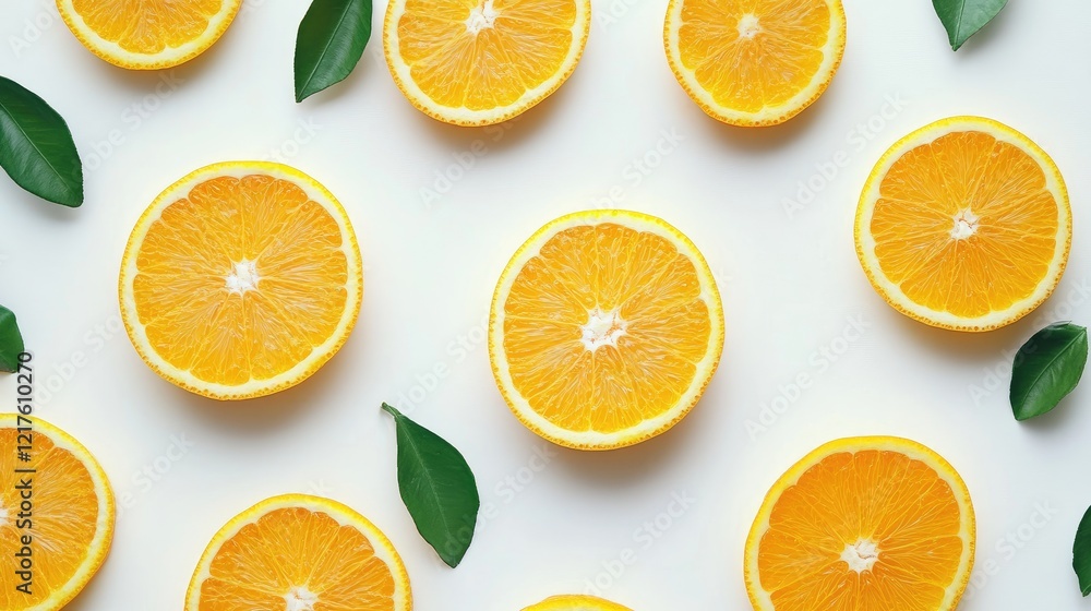 Poster citrus fruit composition with sliced oranges and green leaves arranged on a light background with am