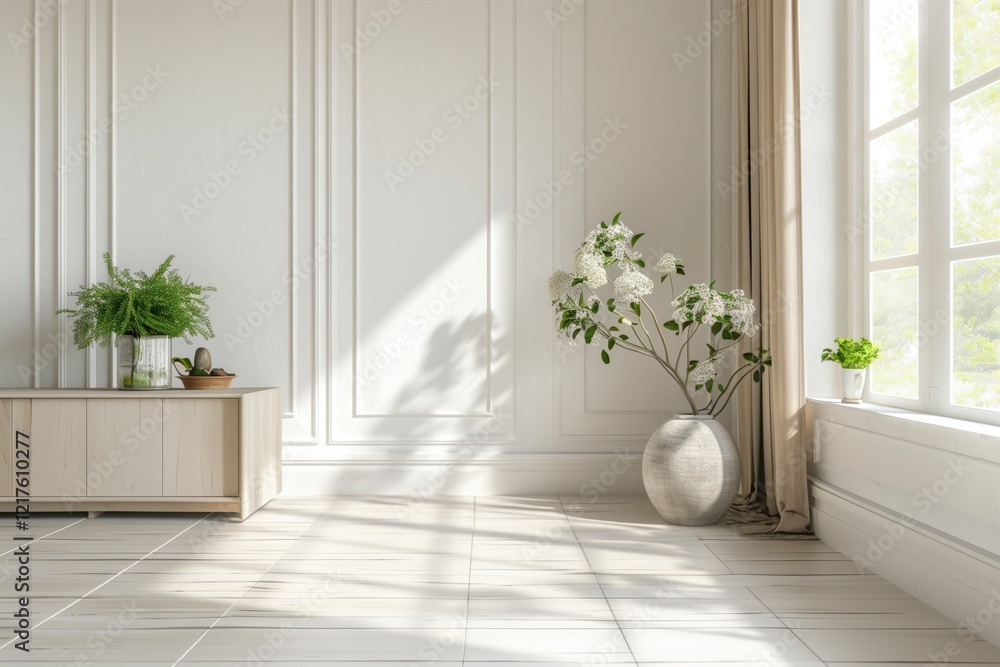 Poster a large white room with a large window and a vase of flowers on a table. the room is very clean and 