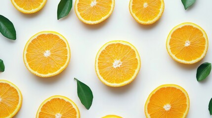 Fototapeta premium Citrus fruit composition with sliced oranges and green leaves arranged on a light background with ample Copy Space