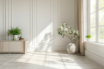 A large white room with a large window and a vase of flowers on a table. The room is very clean and bright, giving off a feeling of calm and serenity. AI generated.