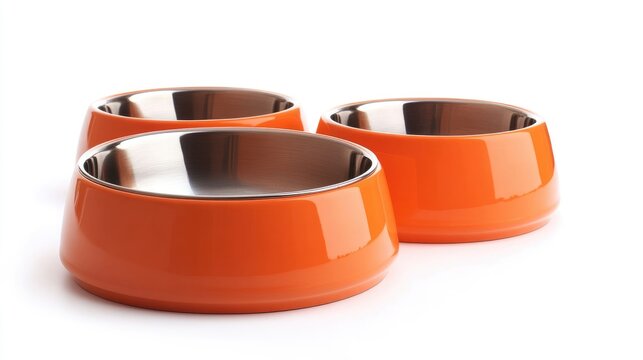 Set of three stylish orange pet bowls with stainless steel inserts on a white background, ideal for showcasing copy space. - Powered by Adobe