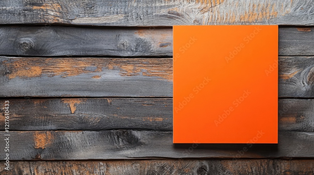 Poster orange square canvas on weathered wooden background with copy space for text or design elements.