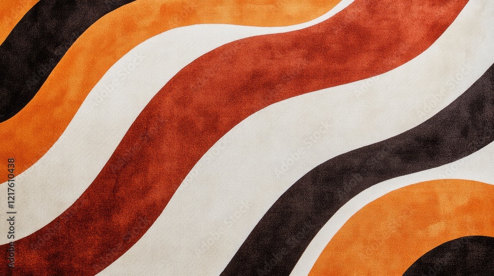 Poster retro wavy pattern design with orange, brown, black, and cream colors on textured surface with ample