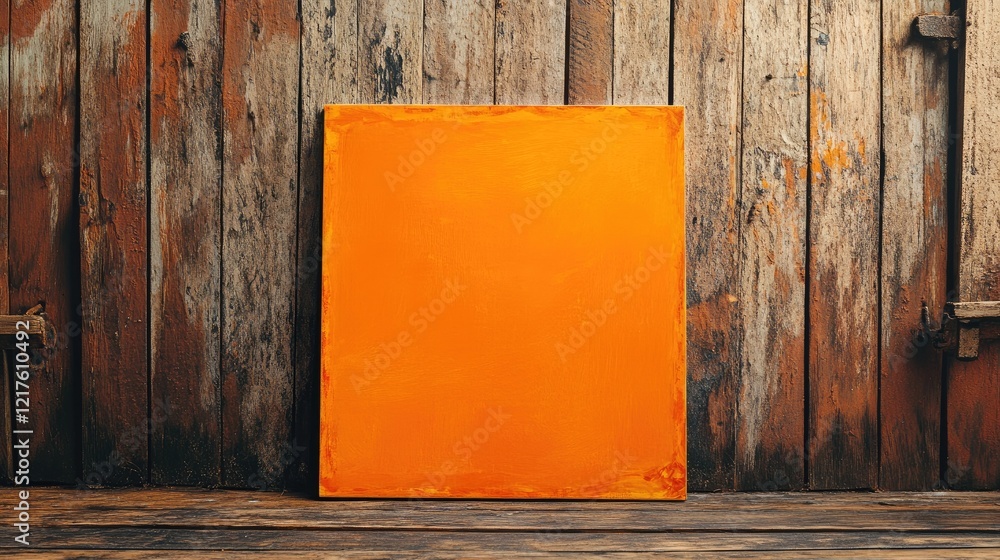 Poster orange canvas on rustic wooden background with copy space for text or design elements.