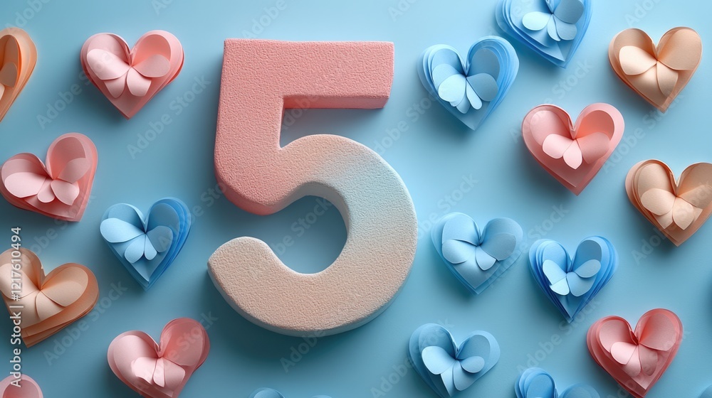 Poster colorful paper hearts and a textured number five on a blue background with copy space for text.