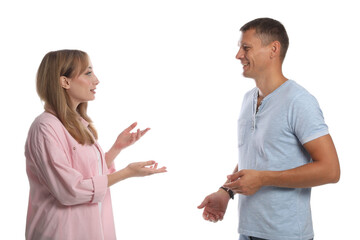 Man and woman talking on white background