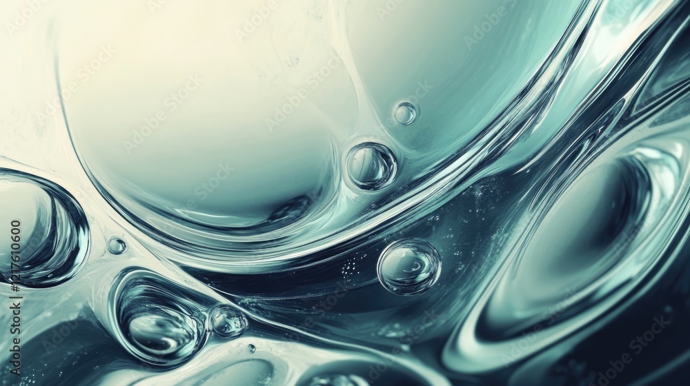 Poster abstract water surface with bubbles and smooth wave patterns in shades of teal and silver copy space