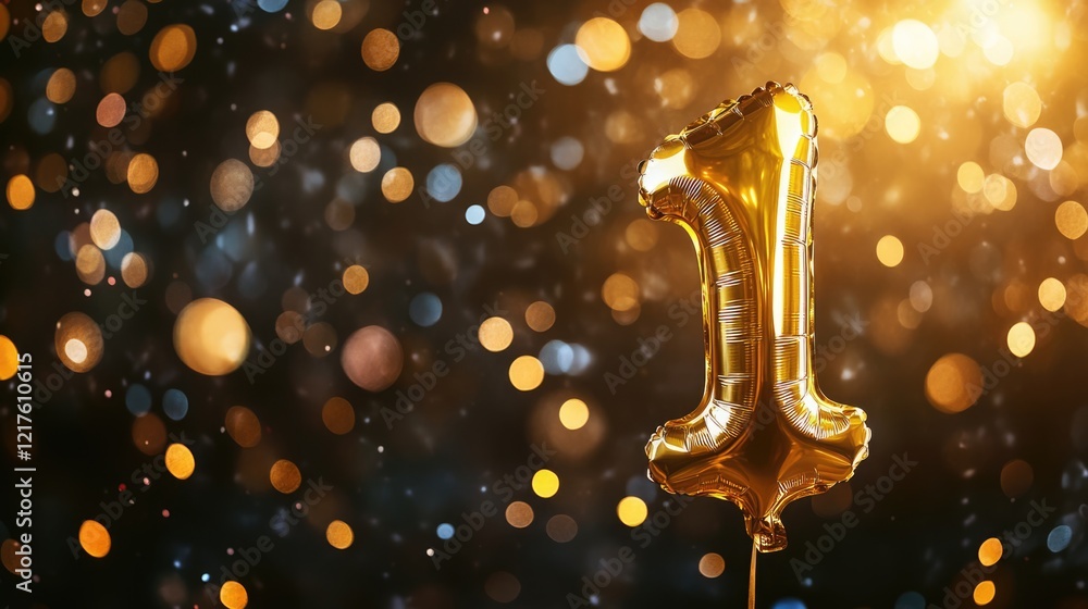 Poster golden number one balloon on a dark background with bokeh lights and shimmering glitter copy space