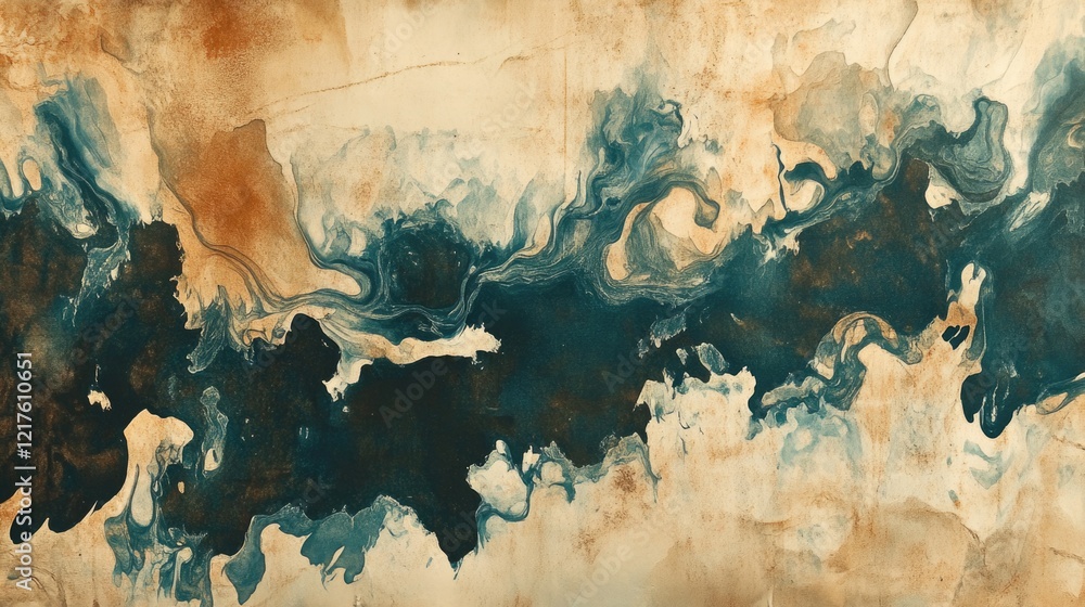 Poster abstract fluid art painting with blue, brown, and beige colors creating swirling patterns on canvas 
