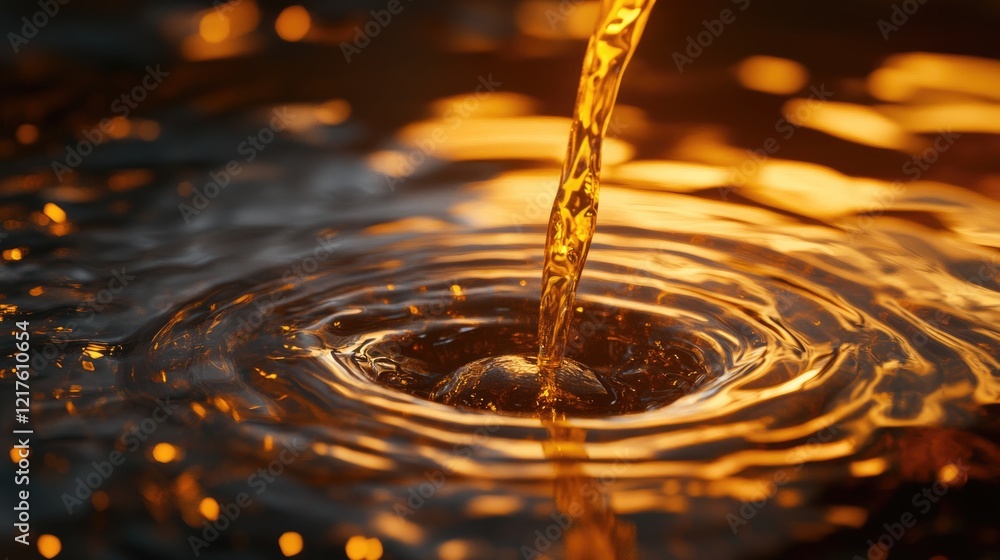 Poster close-up of golden liquid pouring into water creating ripples and reflections in warm light with cop