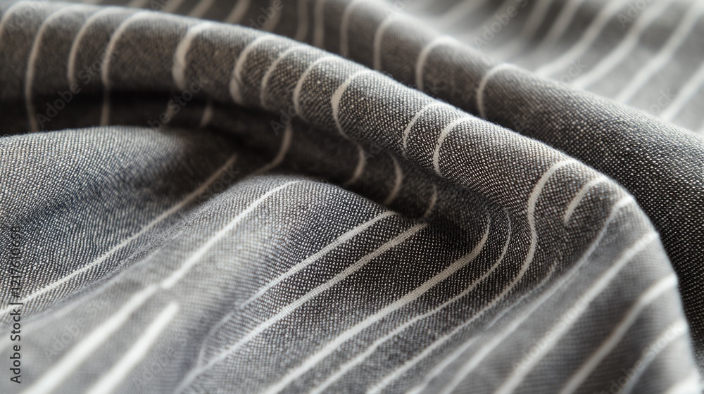 Poster close-up of textured fabric with vertical stripes in grey and white tones showcasing intricate detai