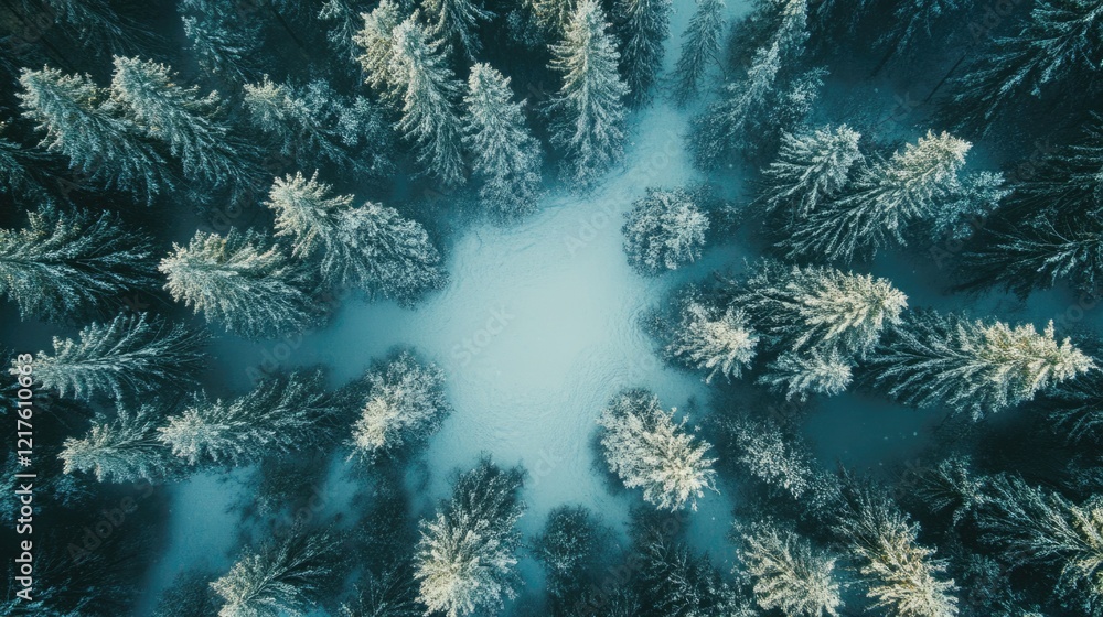 Poster aerial view of snow-covered evergreen forest with dense trees and open circular area in winter lands