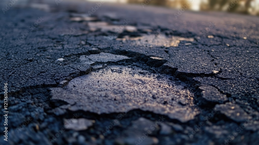 Poster close-up view of cracked asphalt road surface with visible texture and details copy space for text p