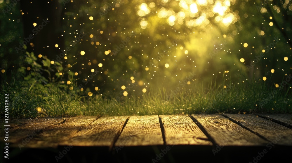 Poster wooden floor with sunlight and glowing dust particles in a forest setting with green foliage and cop