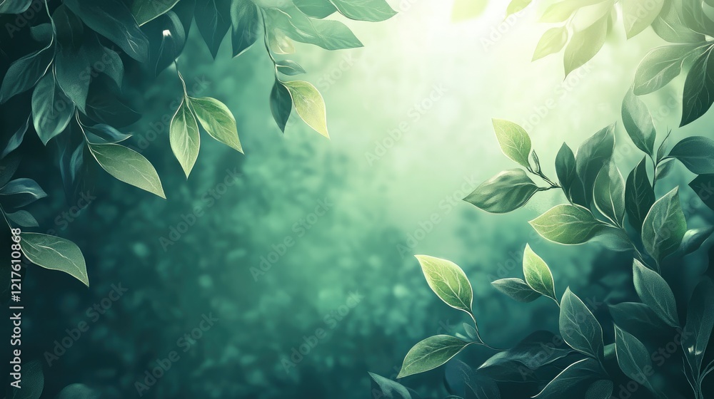 Poster leafy green foliage background with natural light filtering through, featuring ample copy space for 