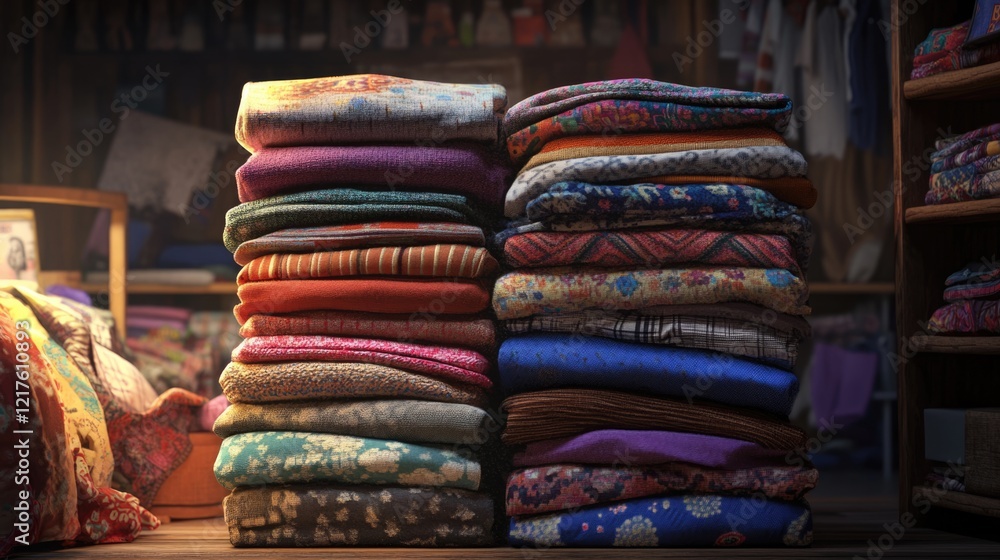 Poster colorful stacked blankets and quilts neatly arranged in a warm and inviting fabric store interior wi