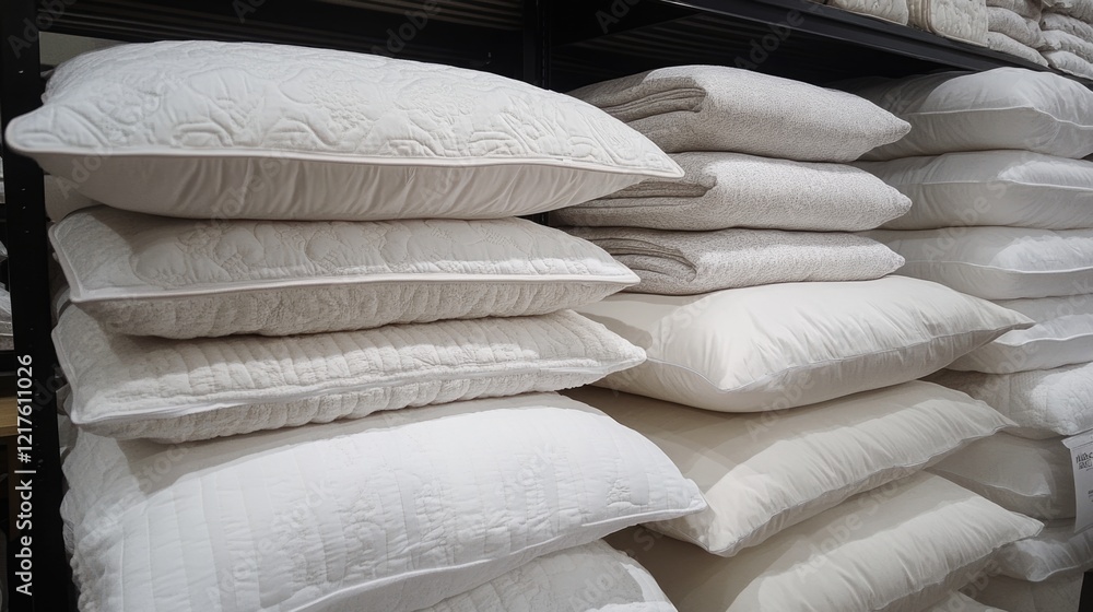 Poster stack of various white pillows neatly arranged on shelves in a home goods store with copy space for 