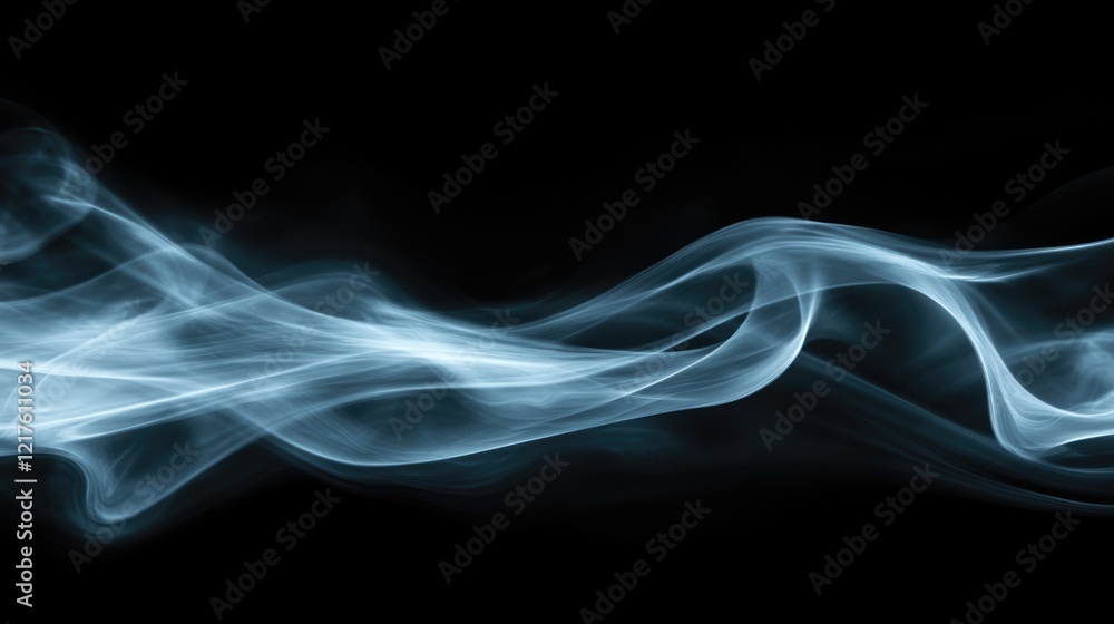 Poster abstract flowing smoke on a black background with copy space for text or graphics. soft blue smoke w
