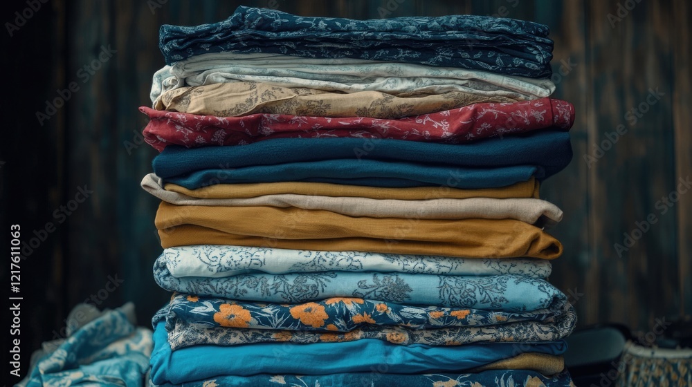 Poster stack of neatly folded colorful fabrics in various patterns and textures with a rustic wooden backgr