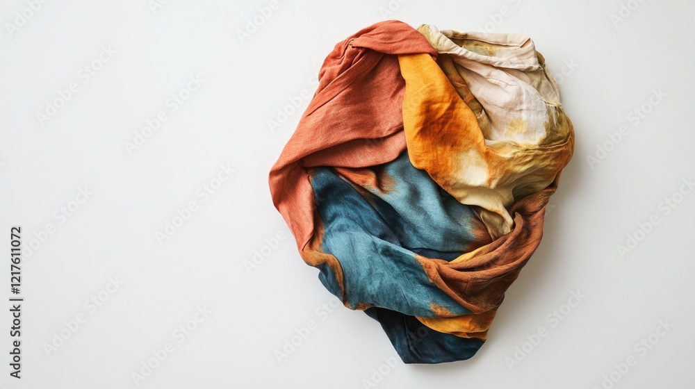 Poster multicolored silk fabric texture in circular arrangement on white background with copy space for des