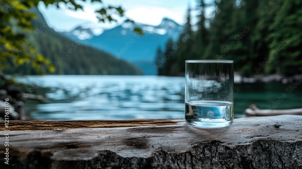 Poster glass of water on a log by a tranquil lake surrounded by forest and mountains with copy space for te