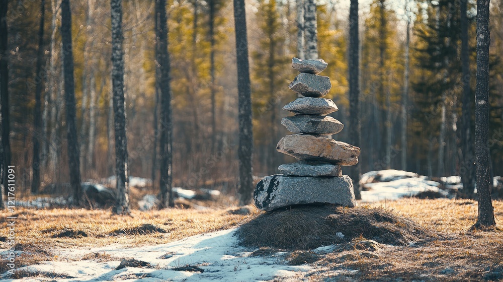 Poster stone cairn stacked on rocky ground surrounded by forest trees in early spring natural setting with 