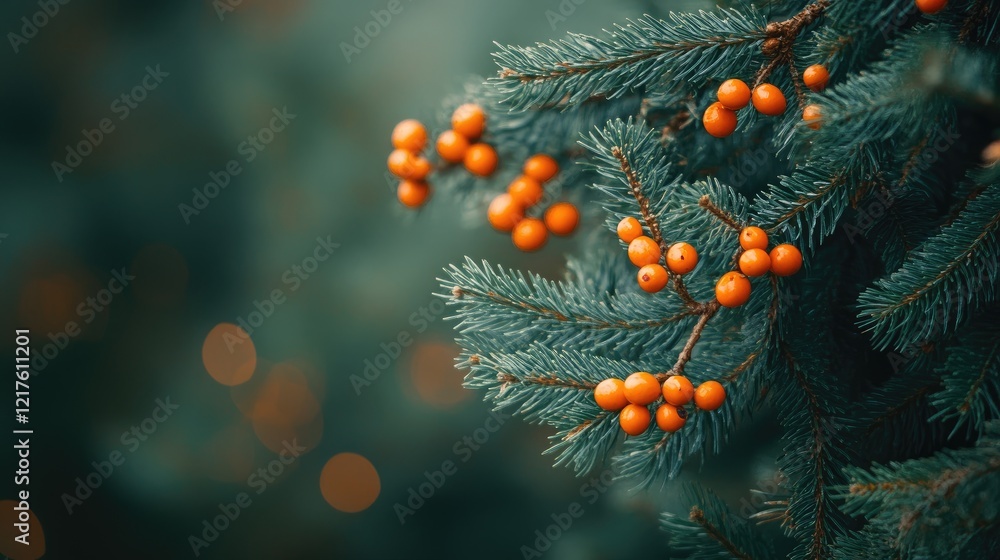 Poster close-up of orange berries on evergreen tree branches with blurred green background and copy space f