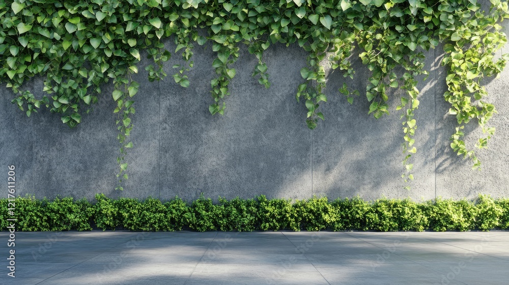 Poster Green ivy vine cascading over a textured concrete wall with a neat row of shrubs at the bottom Copy Space