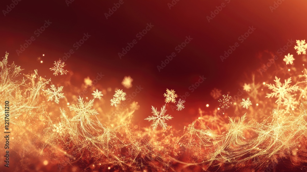 Poster golden snowflakes and shimmering particles on a warm red background with copy space for text placeme
