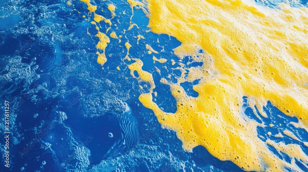 Aufkleber bright yellow foam on a vibrant blue surface creating an abstract oceanic effect with copy space for
