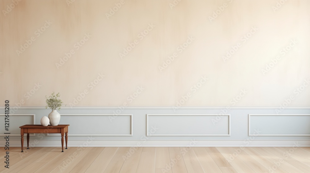 Fototapete A white wall with a wooden table and two vases on it. The table is empty and the vases are placed on it. The room is empty and has a minimalist feel to it. AI generated.