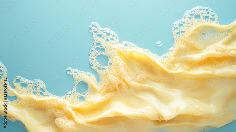 Poster yellow liquid with bubbles on light blue background creating abstract texture with copy space for te