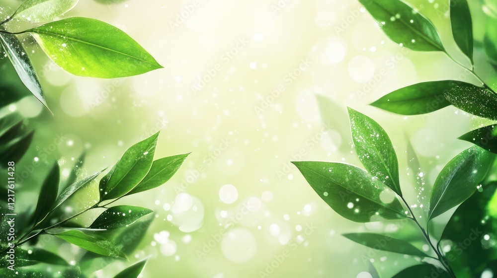 Poster green leafy background with soft bokeh effect and copy space for text use