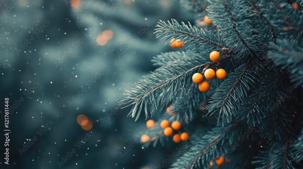 Poster pine tree branches with orange berries and snowflakes on a blurred background copy space
