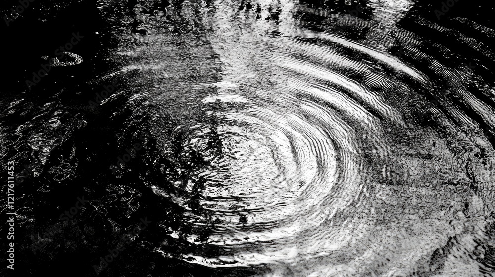 Poster black and white image of ripples on water surface with reflections of trees creating concentric circ