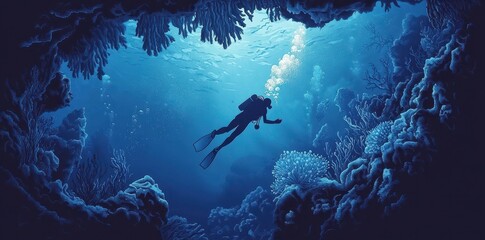Diver Exploring a Deep Ocean Coral Reef Cave