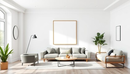 Frame mockup, ISO A paper size. Living room poster mockup. Interior mockup with house white background. 8k Modern interior design. 3D render