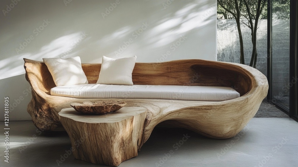 Aufkleber natural wooden sofa with cushions and side table in modern interior setting with large windows and g